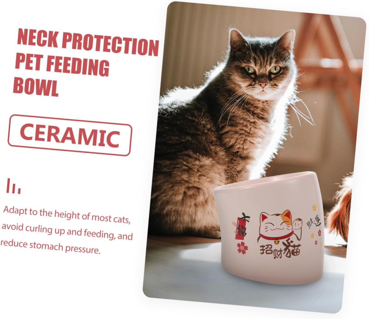 Ceramic Cat Feeding Bowl Pink Anti-Spill Elevated Pet Cat Bowl Dish with Neck Protection for Kitten Water Food Holder