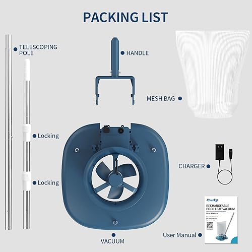 Miniatura 9 de Aspiradora de hojas de piscina recargable con poste telescópico, potente succión de 83 GPM - Skimmer inalámbrico para piscinas enterradas y sobre el