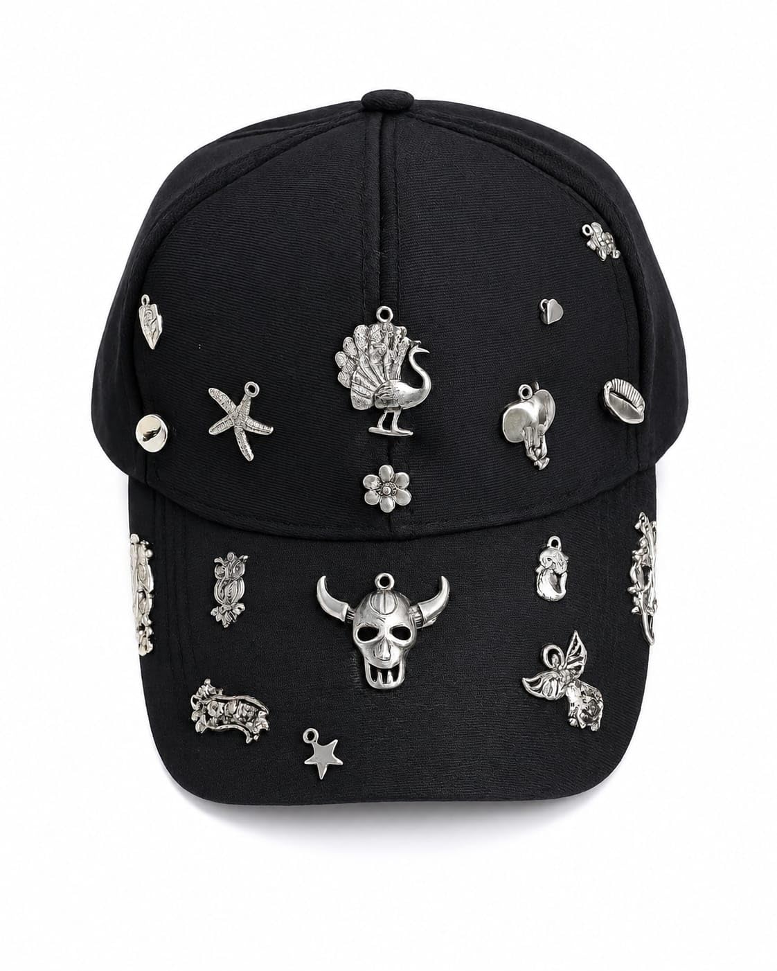 Black Embellished Baseball Cap with Silver Charms for Women-image-28