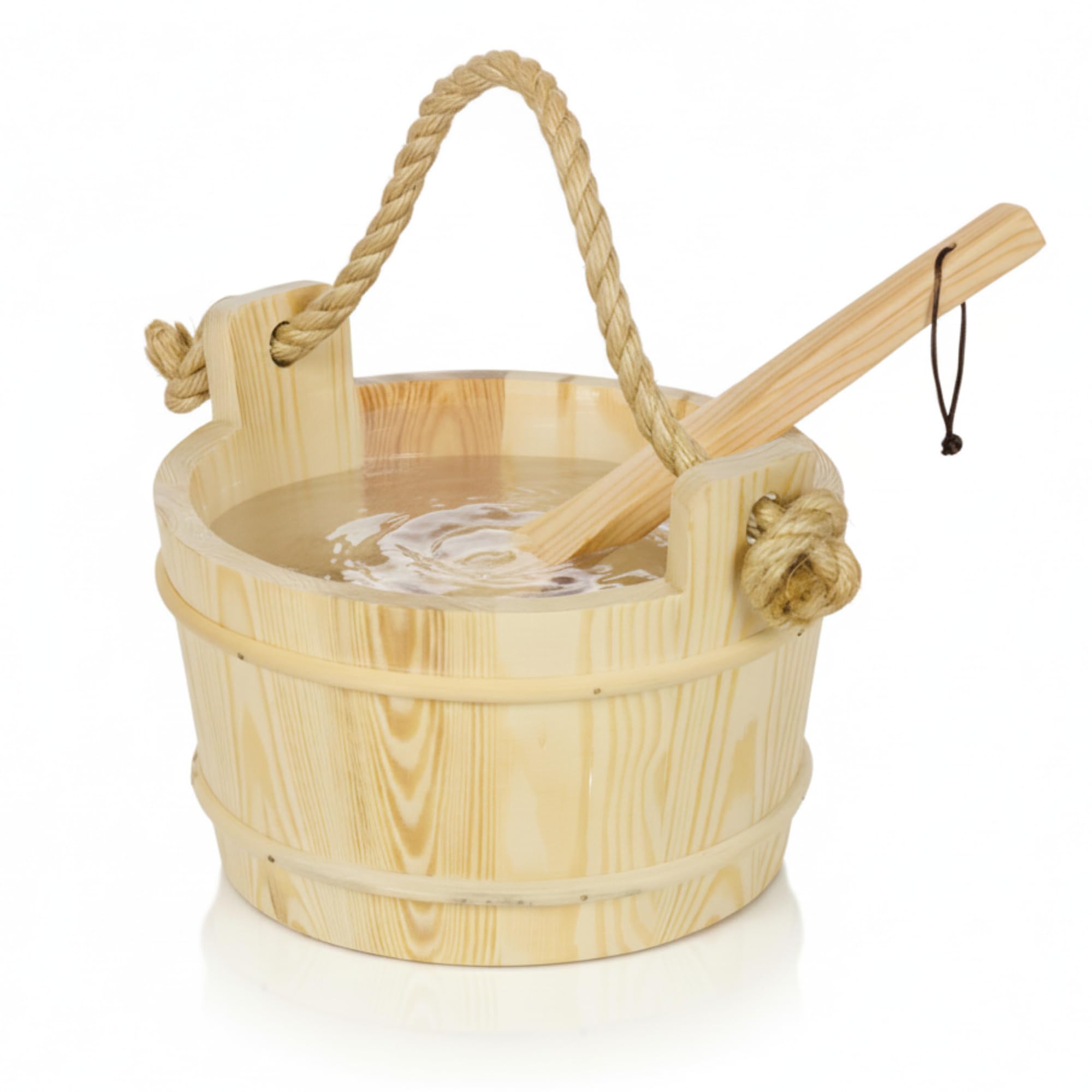 Suleno Sauna Zubehör Set - Saunaeimer mit Kelle aus Nadelholz, PVC-Einsatz, Auslaufsicher, Naturholz, Extralange & tropffreie Saunakelle, Aufgusseimer Set, Hochwertiges Sauna Set 3-teilig