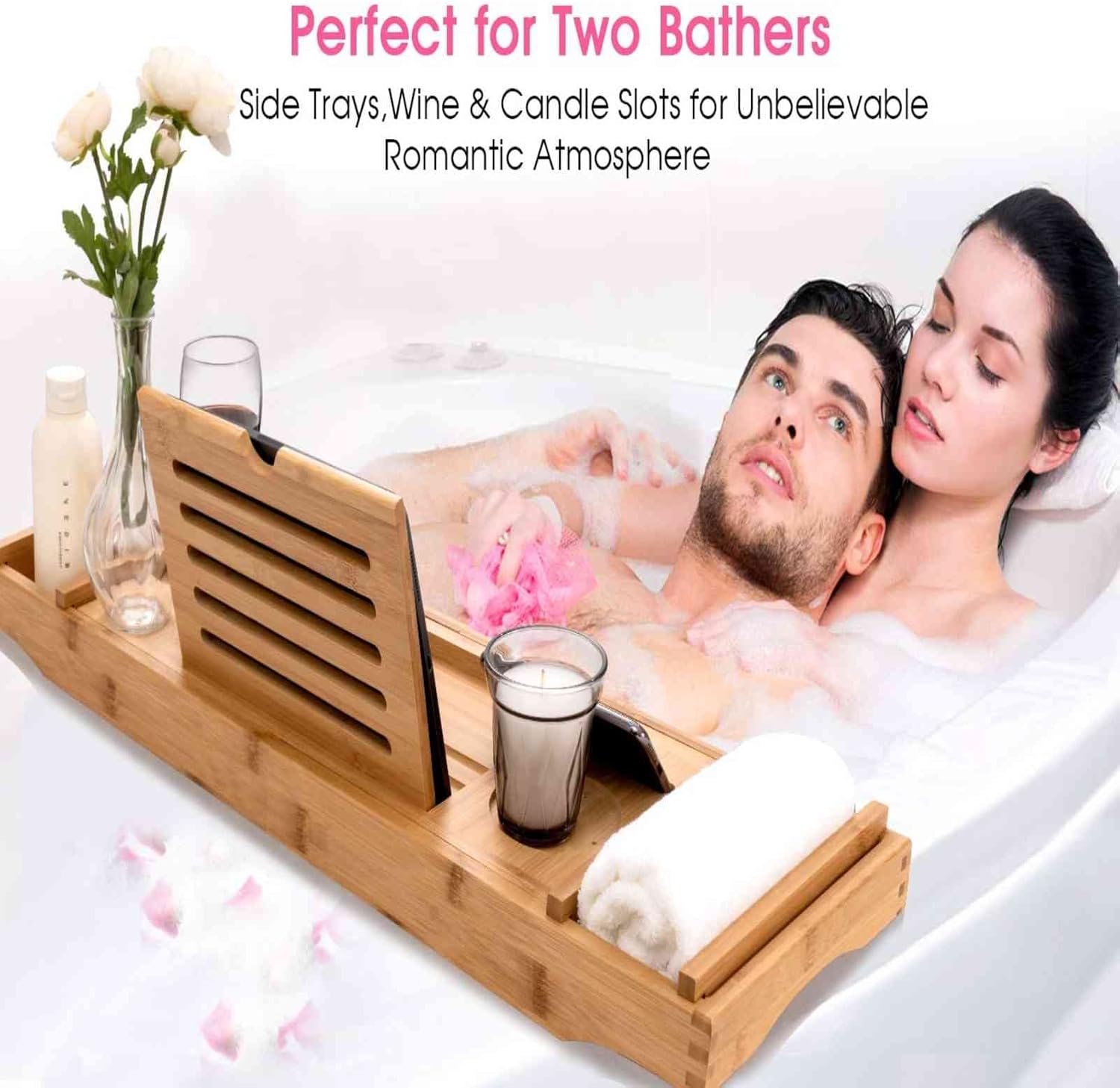 Bamboo Bathtub Caddy Tray with Extending Sides & Laptop Desk with Foldable Legs,Cellphone iPad Tray and Wineglass Holder,Free Soap Holder (Natural),Natural : Everything Else
