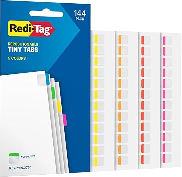 Redi-Tag Tiny Tabs, 144 Pack, Durable Page Markers for Organizing, Mini Flags for Highlighting Notes, Books and Documents, Permanent Adhesive, 6 Neon Colors, 0.375 x 0.375 inches 1016715