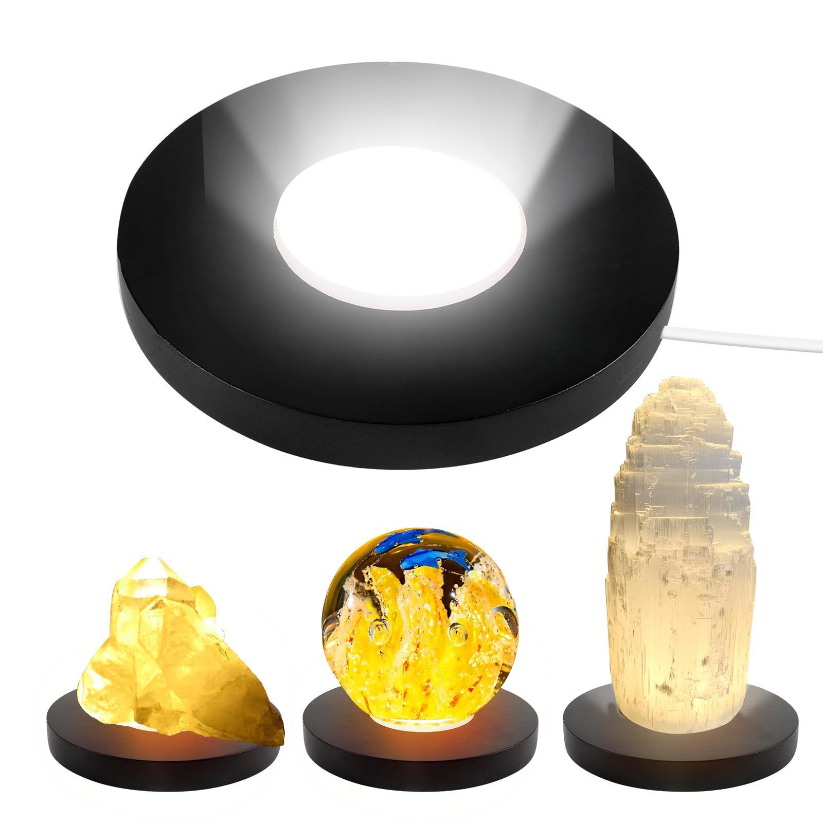 Wooden LED Light Display Base Stand 15CM, USB Round Light Display Base with 3 Light Modes, Crystal Display Base, Wood Base Light Round Light Base for Crystal Glass Resin Art Jewelry Acrylic (Black)