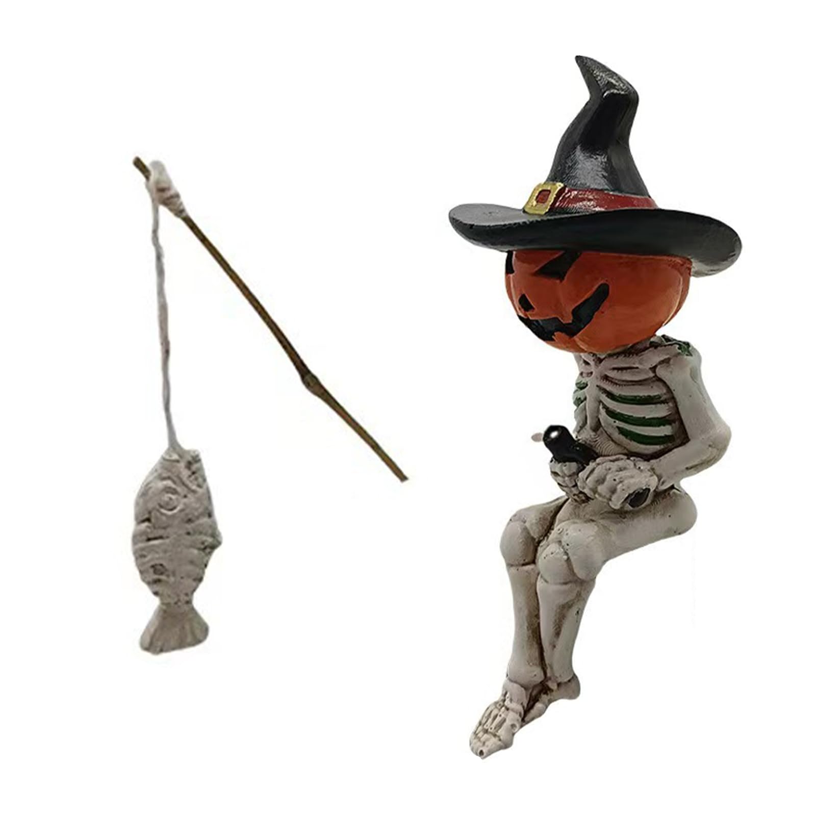 Compact Skeleton Fishing Ornament Resin Halloween Decor, Ready Display Figurine for Shelf and Tabletop Accent Display Sitting Skull Statue Fishing Skeleton Ornament Resin Figurine Tabletop Shelf Decor