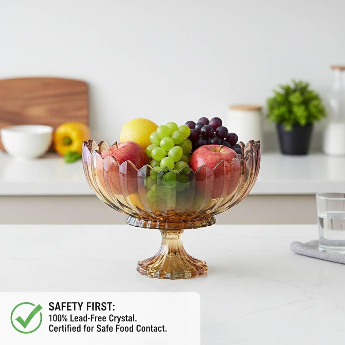 Crystal Glass Oval Pedestal Fruit Bowl, Footed Decorative Bowl for Table Centerpiece, Kitchen Counter Dining Room Tables Decor Centerpiece