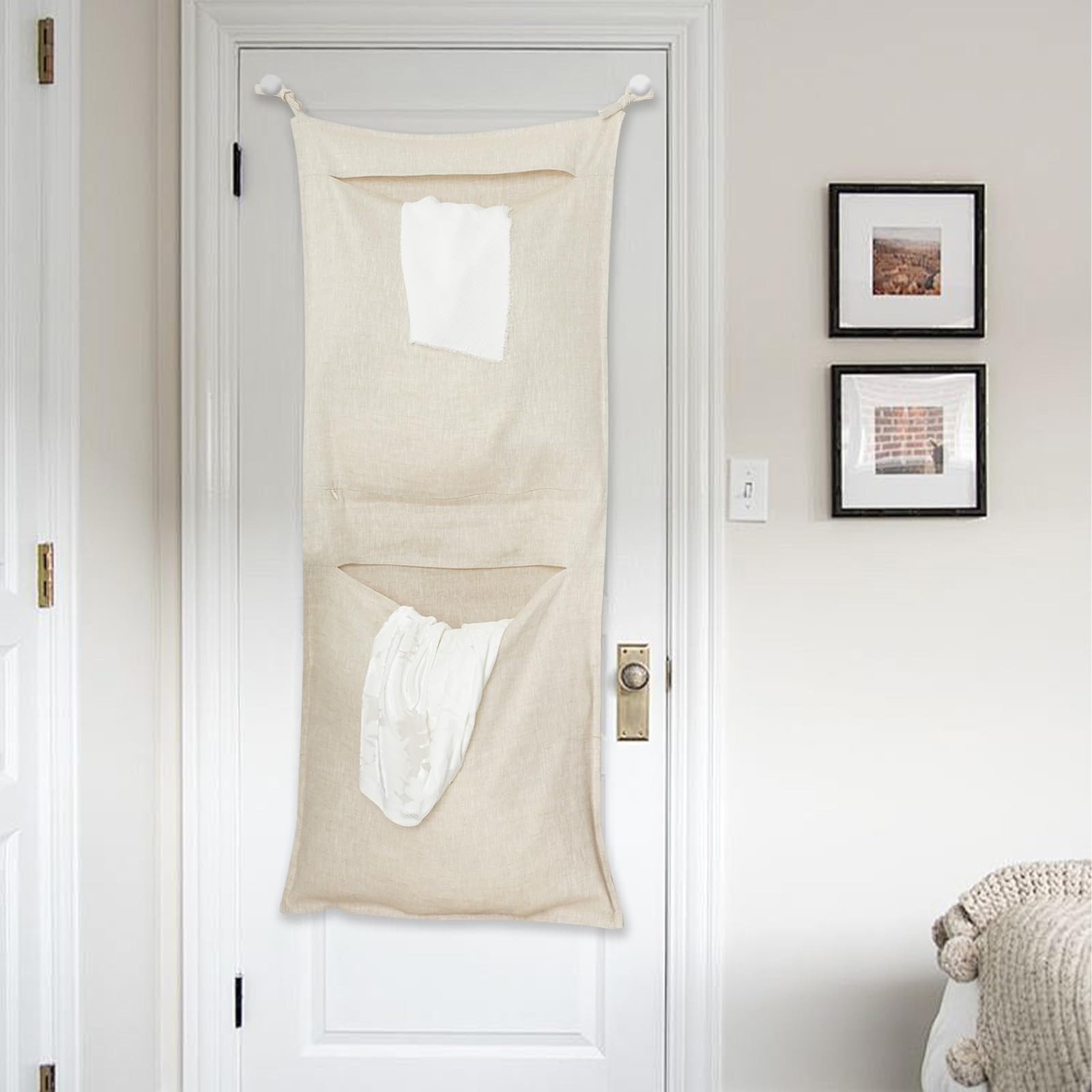 HSOFTIFY 100% Pure Linen Hanging Laundry Bag with Ties, Over the Door Laundry Hamper 2 Compartments 19.7 x 47 Inches Laundry Bags with Zips for Bathroom Dorm Home Travel,Linen