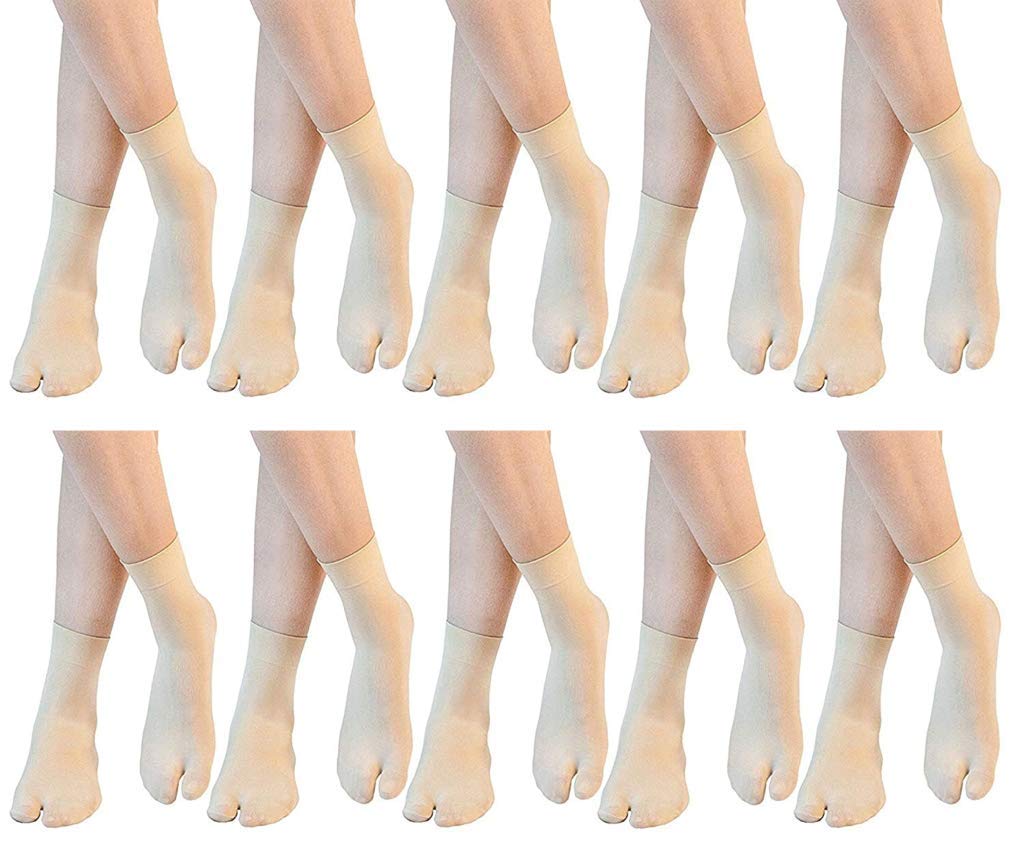 Women & Girl's Ultra-Thin Transparent Nylon Ankle Length Socks With Thumb (Beige, Set of 10 Pairs)