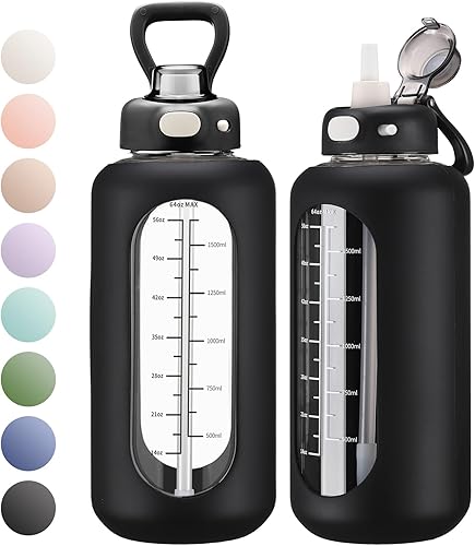 Miniatura 1 de SIEROZUR Botella de agua de vidrio de 64 onzas con pajilla, botella de agua motivacional deportiva de medio galón con funda de silicona y marcador