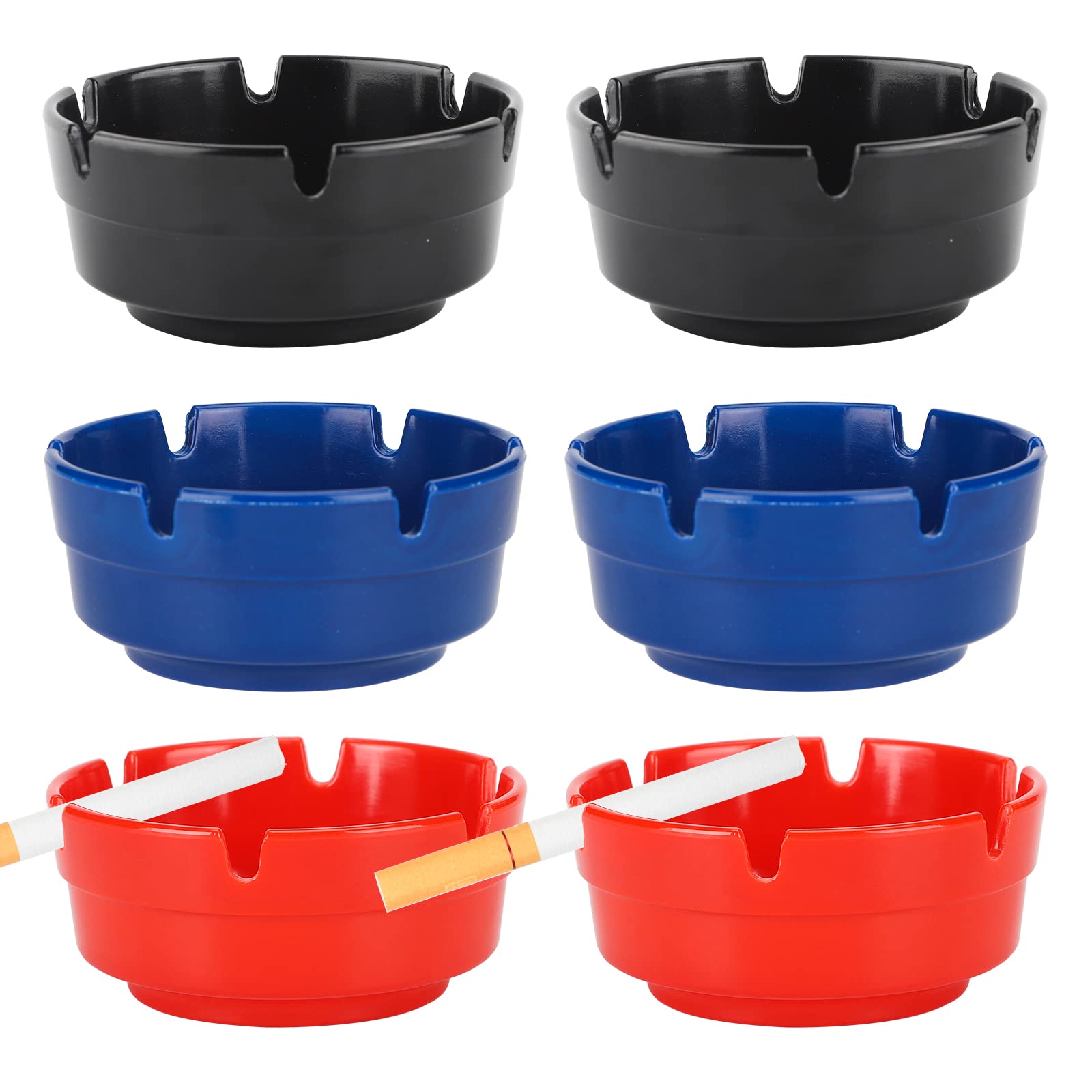 6Pcs Assorted Colors (2Pcs Black-2Pcs Red-2Pcs Blue) Ashtrays, Stackable Tabletop Plastic Ash Tray Sets, Perfect Ashtray Gift for Indoor Outdoor Home Use (Set of 6 Mix Color)
