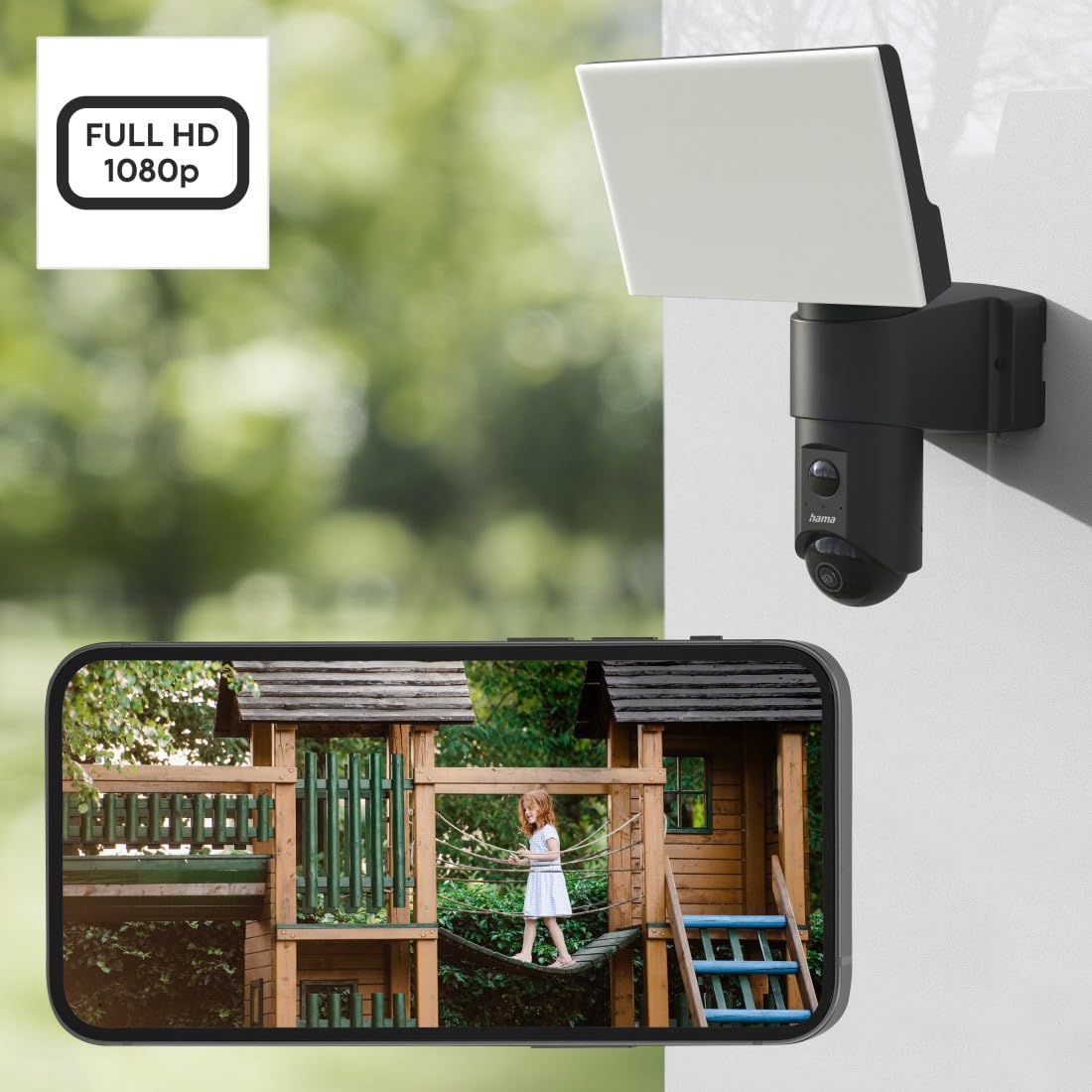 Hama Überwachungskamera (WLAN Kamera f. außen, Outdoor Kamera mit Sprach-/App-Steuerung, wetterfeste Außenkamera mit Licht, Bewegungsmelder, Nachtsicht, 2-Wege-Audio, Aufzeichnung, Full HD) schwarz