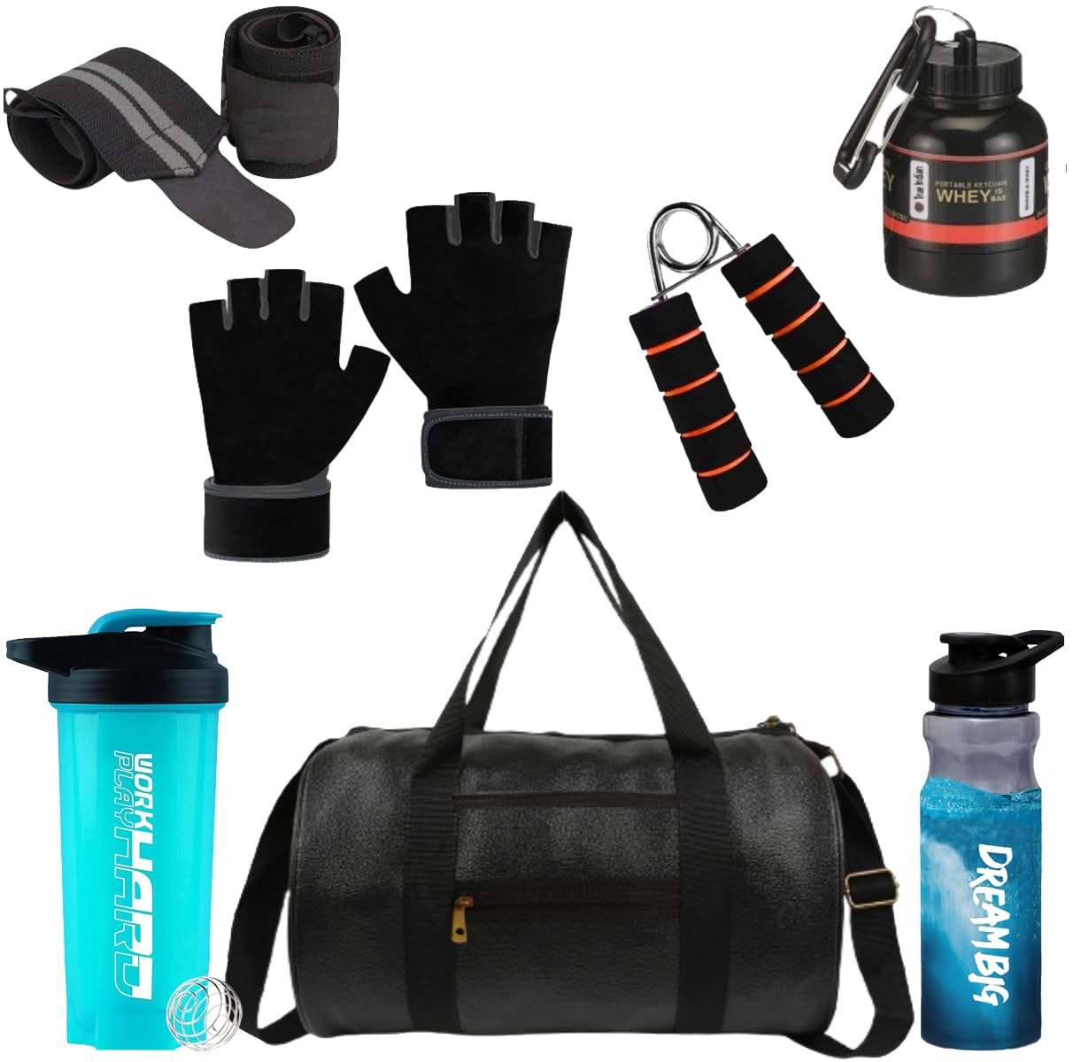 (2024 New) Gym Accessories Combo Set for Men and Women Workout with Whey Bottle, Hand Gripper,Duffle Bag, Wrist Wrap, Hand Gloves Sipper/Shaker - All-in-One Fitness Gym Kit (Pack of 7) (Green)-image-48
