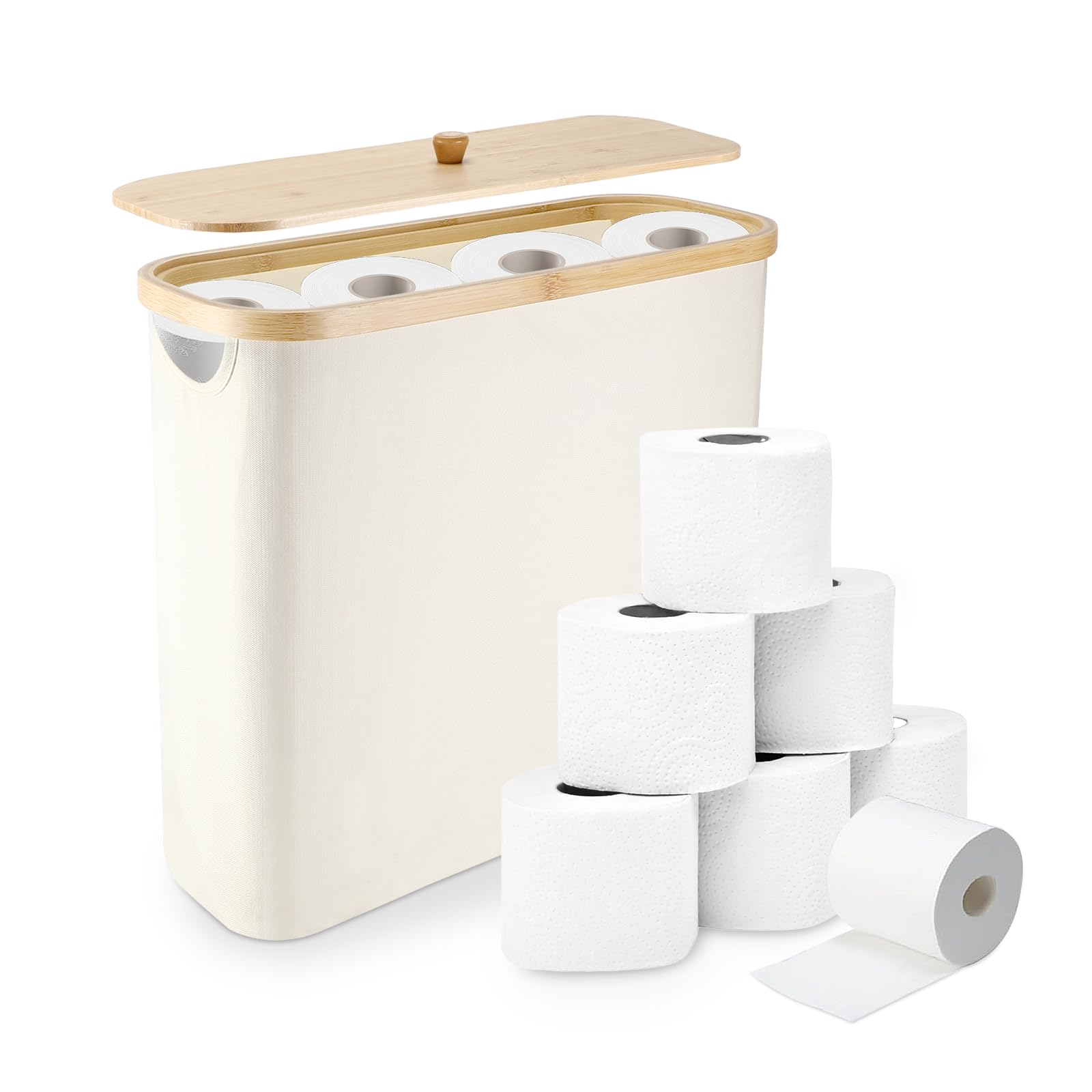 Zikenis Cestino per Carta Igienica, 25L Contenitore Carta Igienica con Copertura in Bambù per 12 Rotoli Carta, Tessuto Oxford, Impermeabile Contenitore Bagno Porta Carta Igienica per Bagno e Casa
