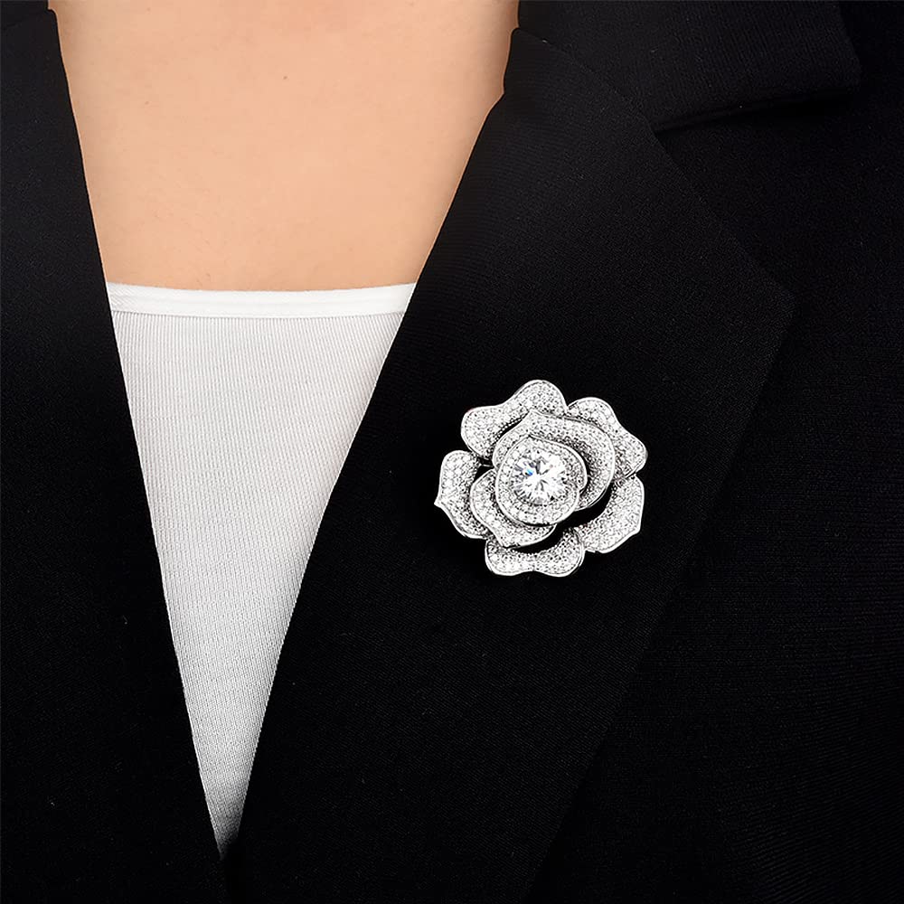 Broche con Forma de Rosa para Mujer, de circonita cúbica, para Vestido, Traje o suéter.