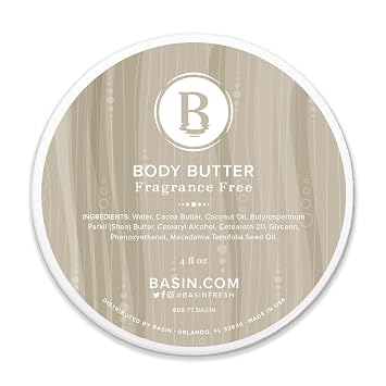 Basin Fragrance Free Body Butter - Natural Unscented Moisturizer with Shea Butter & Cocoa Butter - Sensitive Skin Body Cream for All Skin Types - Made in USA