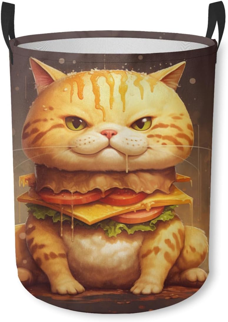 Funny Cat Cheese Burger Waterproof Foldable Storage Bin, Dirty Clothes Laundry Basket, Canvas Organizer Basket for Laundry Hamper, Toy Bins, Gift Baskets, Bedroom, Clothes, Kids Hamper