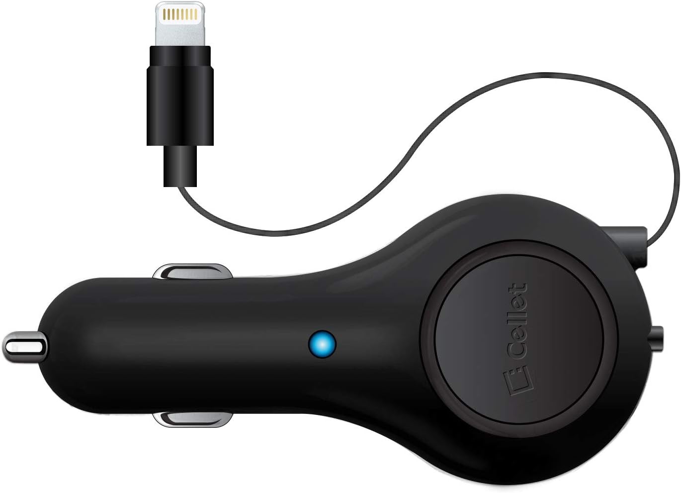 Cellet Retractable iPhone Car Charger with Lighting Cable (Apple MFI Certified) 10-Watt Compatible with iPhone 14 Pro Max Plus mini SE 13 12 11 Xr Xs X 8 7 6 5 iPad, iPad Pro, iPad Air, iPad mini