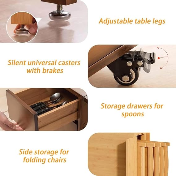 Folding Dining Table Set, Saving Space Extendable Drop Leaf Table, Movable Solid Wood Dinette Table with 4 Chairs and Wheels for Kitchen, Dining and Living Room,A,1.3m