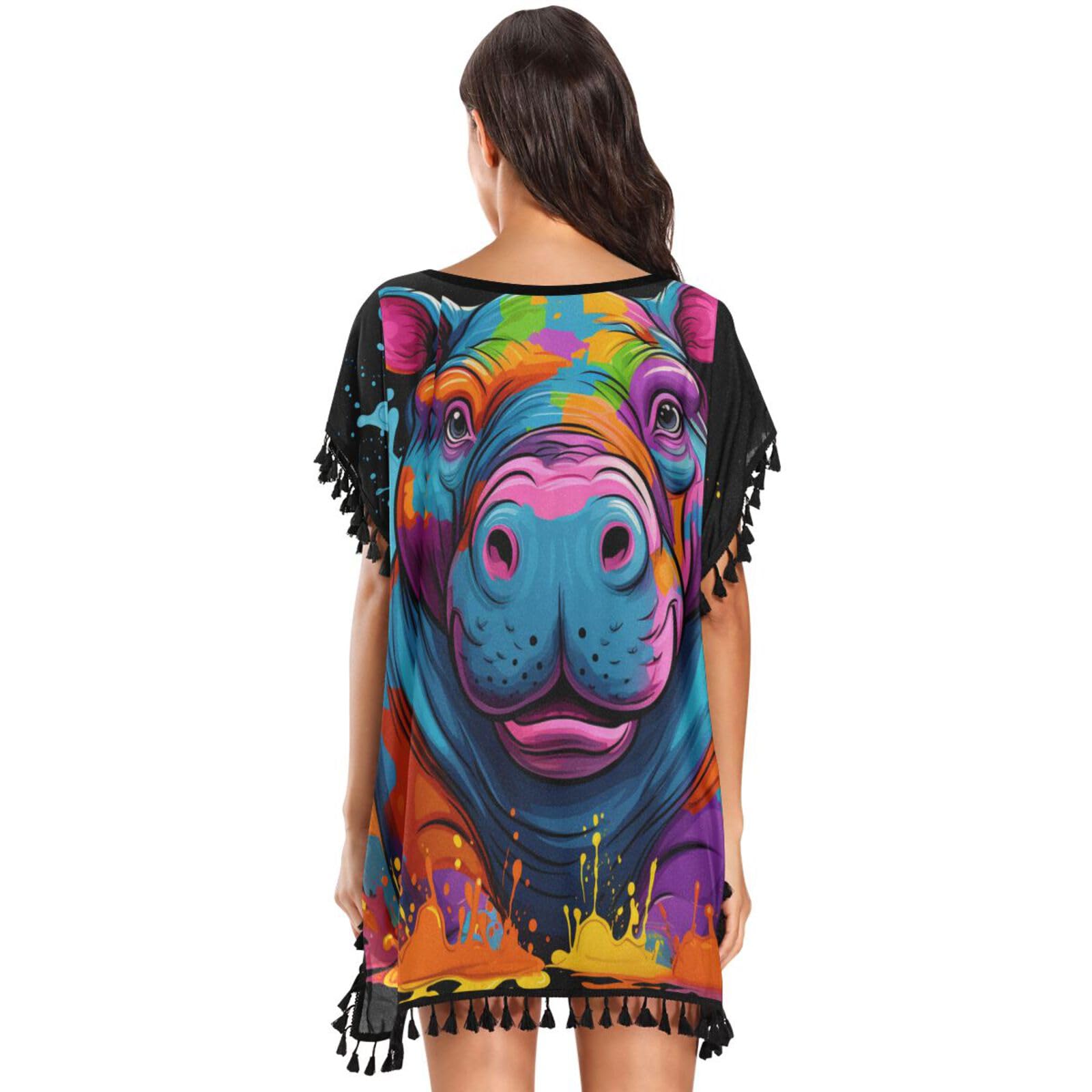 KAAVIYO Watercolor Hippopotamus Women's Beach Cover Up Chiffon Tassel Swimwear Swimsuit Coverups for Girl