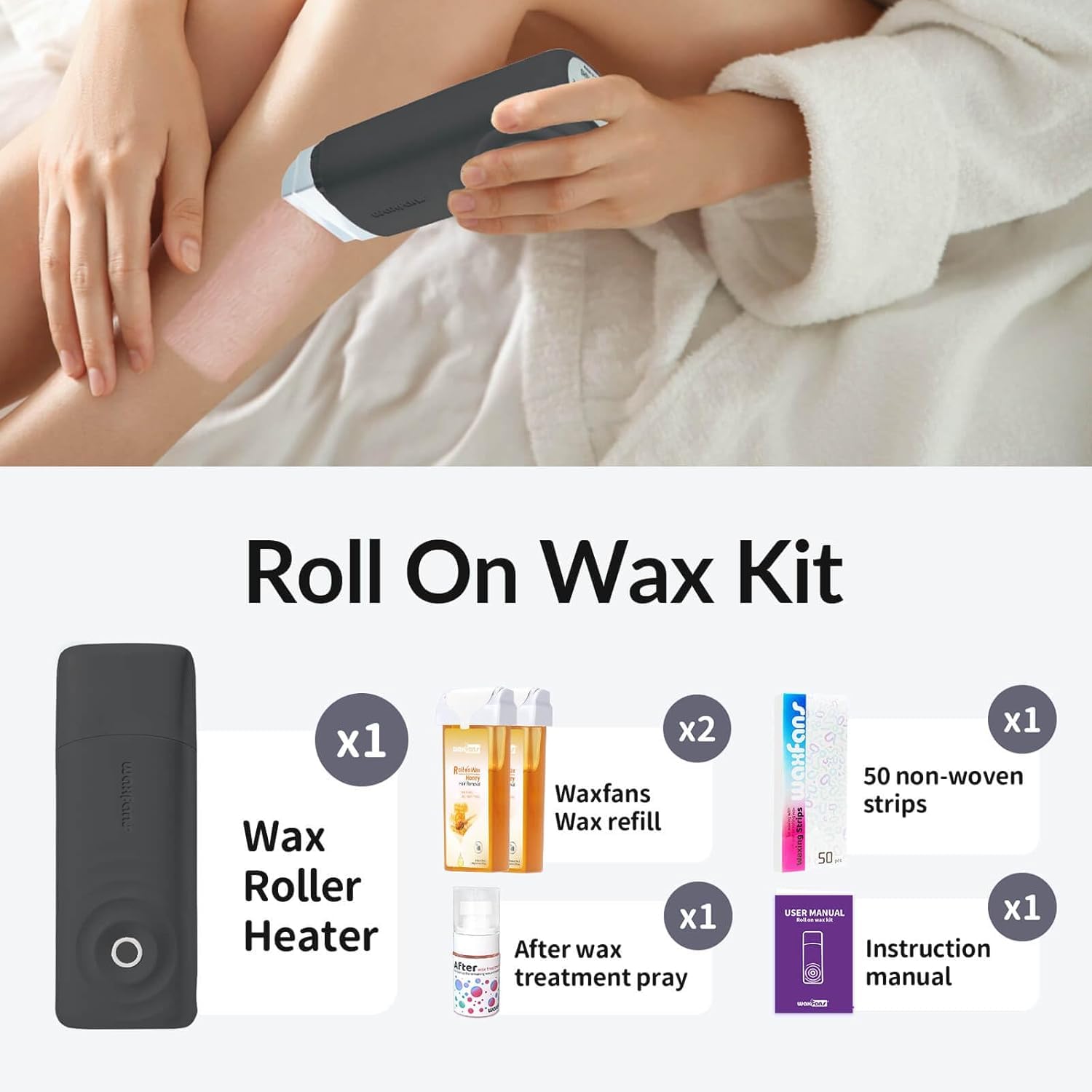Roll on Wax Kit,Waxing Kit for Women & Men, At-Home Waxing Kit for Body, Face, Legs, Arms, 2 Wax Cartridges & 50 Waxing Strips Included. (Black)