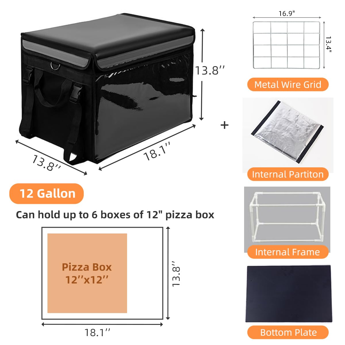 TooCust Große, isolierte Lebensmittel-Liefertasche mit festem Boden und Innenrahmen, XL-46 x 35,1 x 35,1 cm, kommerzielle Pizza-Liefertasche mit Trennwand, wasserdicht und faltbar, Catering-Tasche,