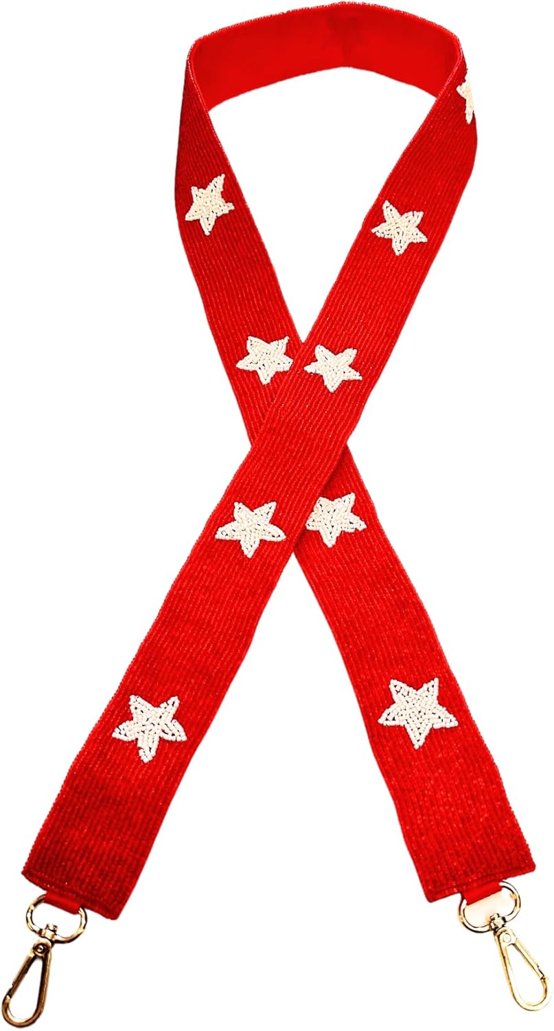 Lashicorn Beaded Purse Strap with White Stars Alabama College Game Day Clear Handbag Replacement Strap Arkansas Stadium Football University 49 x1.75” Gold Hardware Clips