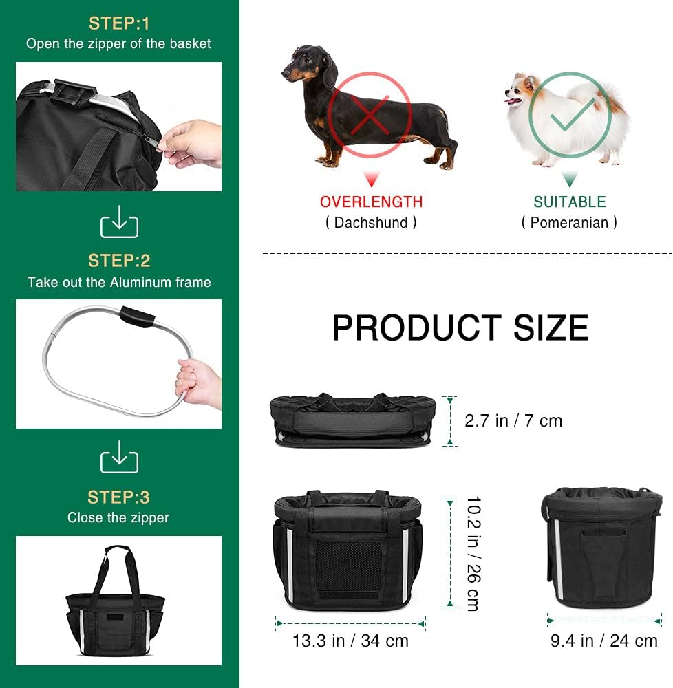 ANZOME Bike Basket, Folding Small Pet Cat Dog Carrier Front Removable Bicycle Handlebar Basket Quick Release Easy Install Detachable Cycling Bag Mountain Picnic Shopping