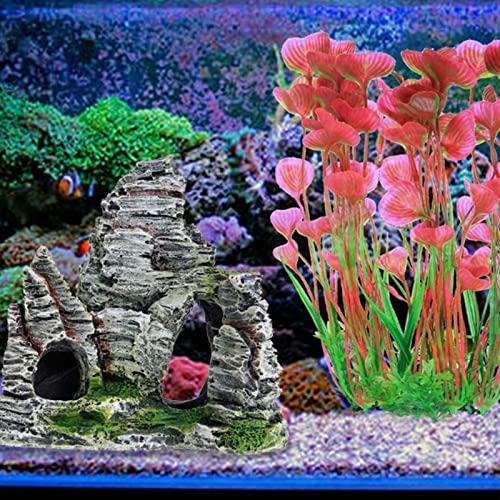 KewMayer 1 x Aquarium Rock Cave Decoration with Green Grass for Fish Shrimp Hiding Mountain View Moss Tree House Stone Natural Look Rock Cave for Fish Shrimp Hiding Aquarium Decoration - Image 4