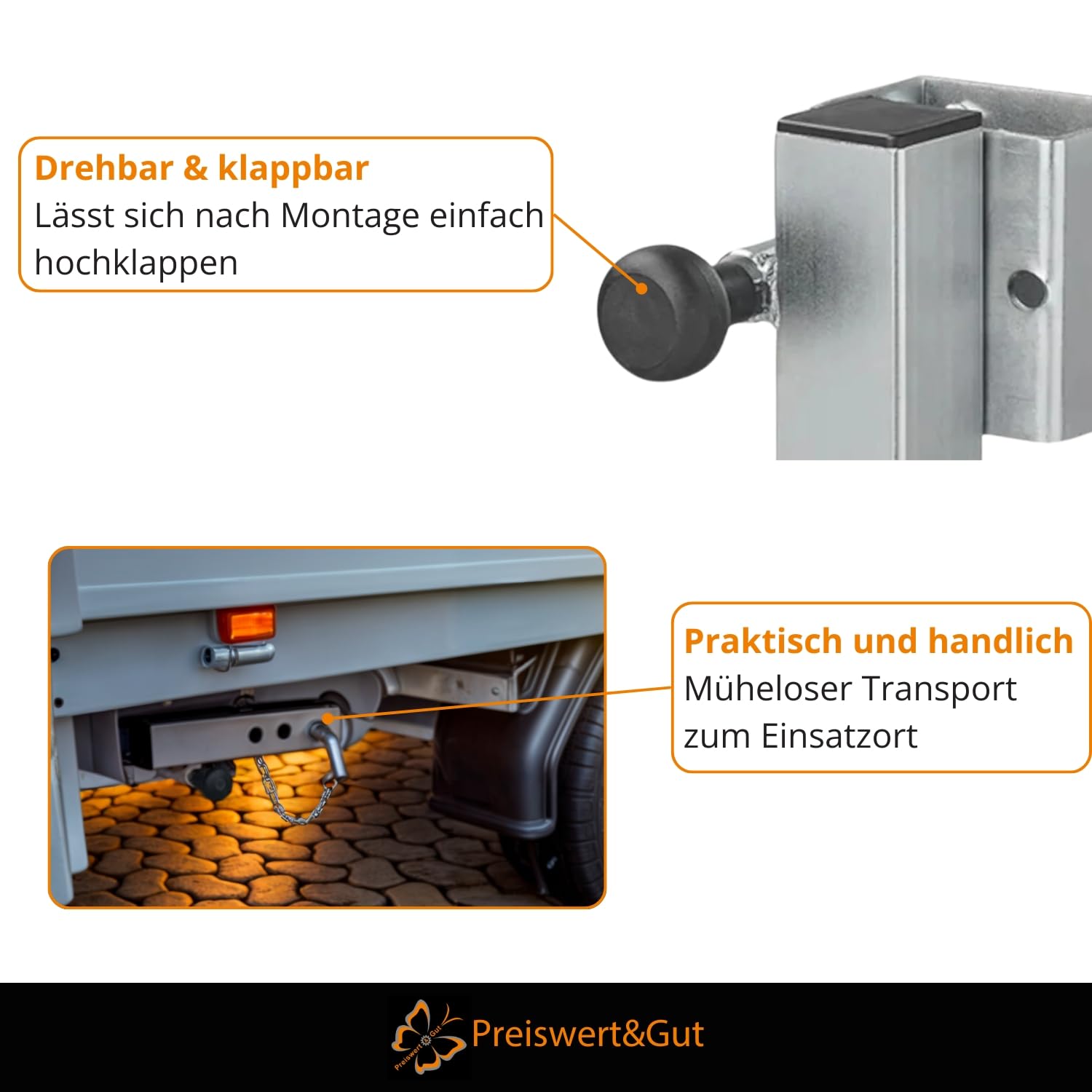 Preiswert&Gut 2X Anhängerstützen & Kurbelstütze Wohnmobil – Stütze 1300 kg, Stahlrohr 60x60 mm, kippbar – höhenverstellbar 345–445 mm Ausdrehstütze und Wohnwagenstützen Anhänger