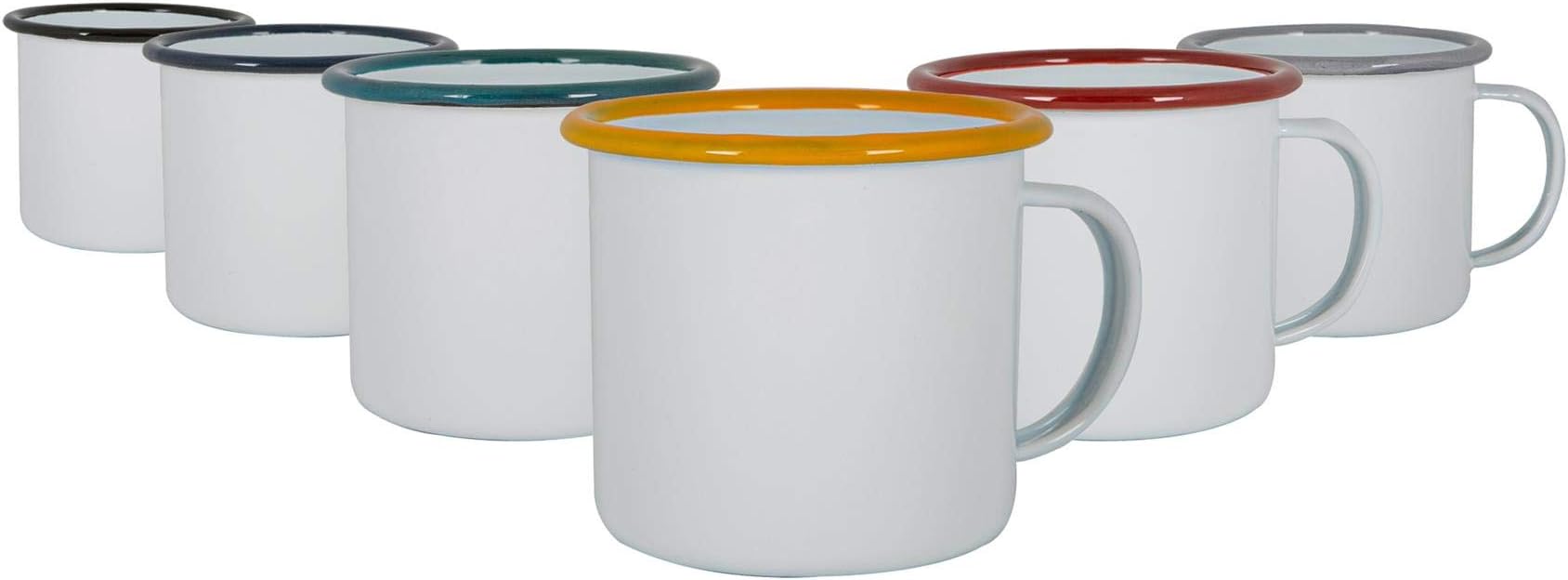 Argon Tableware White Enamel Mugs - 375ml - 6 Colours - Set of 6 Metal Drinking Cups Coffee Teacup Mug Set Hot, Cold Drinks Cups for Home, Kitchen, Dining, Travel, Camping, Hiking & Outdoor Use