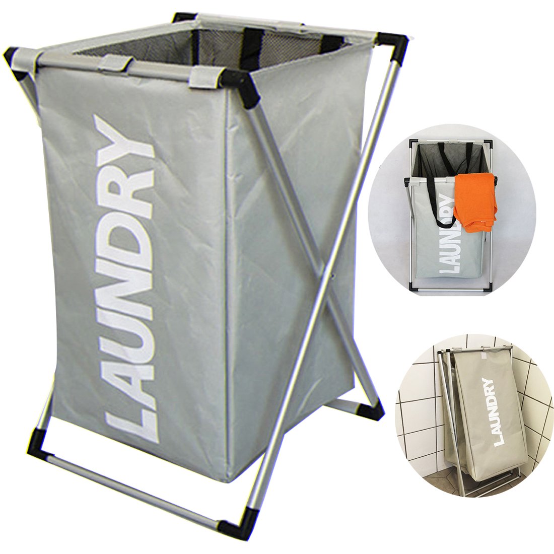 Laundry Baskets Foldable Metal X-frame Dirty Clothes Sorter Laundry Hamper Washing Clothes Storage Bin with Handles