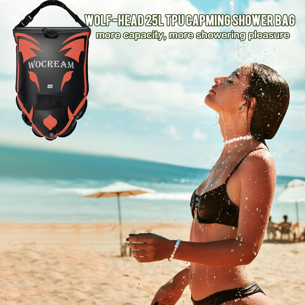 Sac de douche de camping en plein air de 25 l - Grand débit d'eau - Douchette solaire - Sac de douche en PVC - Portable - Pour le camping, la plage, la randonnée - Orange