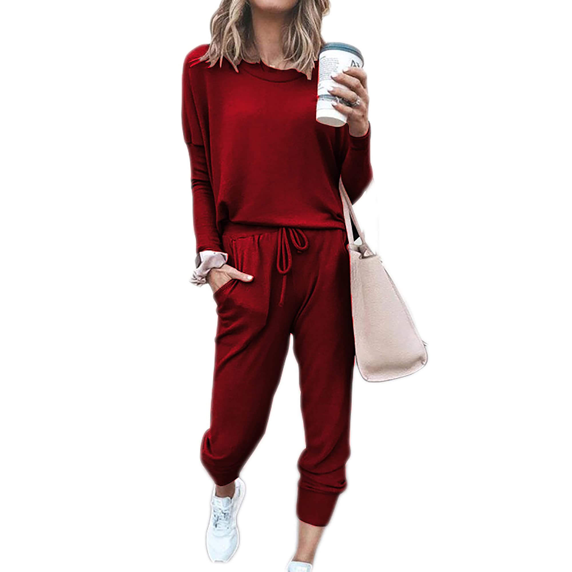 Survêtement Femme Ensemble de Sport 2 Pièce Sweatshirt + Pantalon avec Poches Casual Pyjama D'Intérieur Jogging Pullover Outwear Tenue Yoga Sportswear