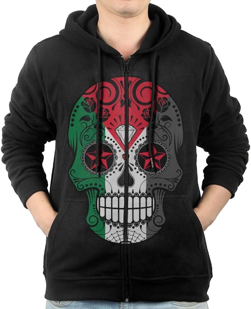 Sugar Skull With Roses And Flag Of Palestine Hooded Sweatshirt Full Zip Hoodie With Pocket For Men