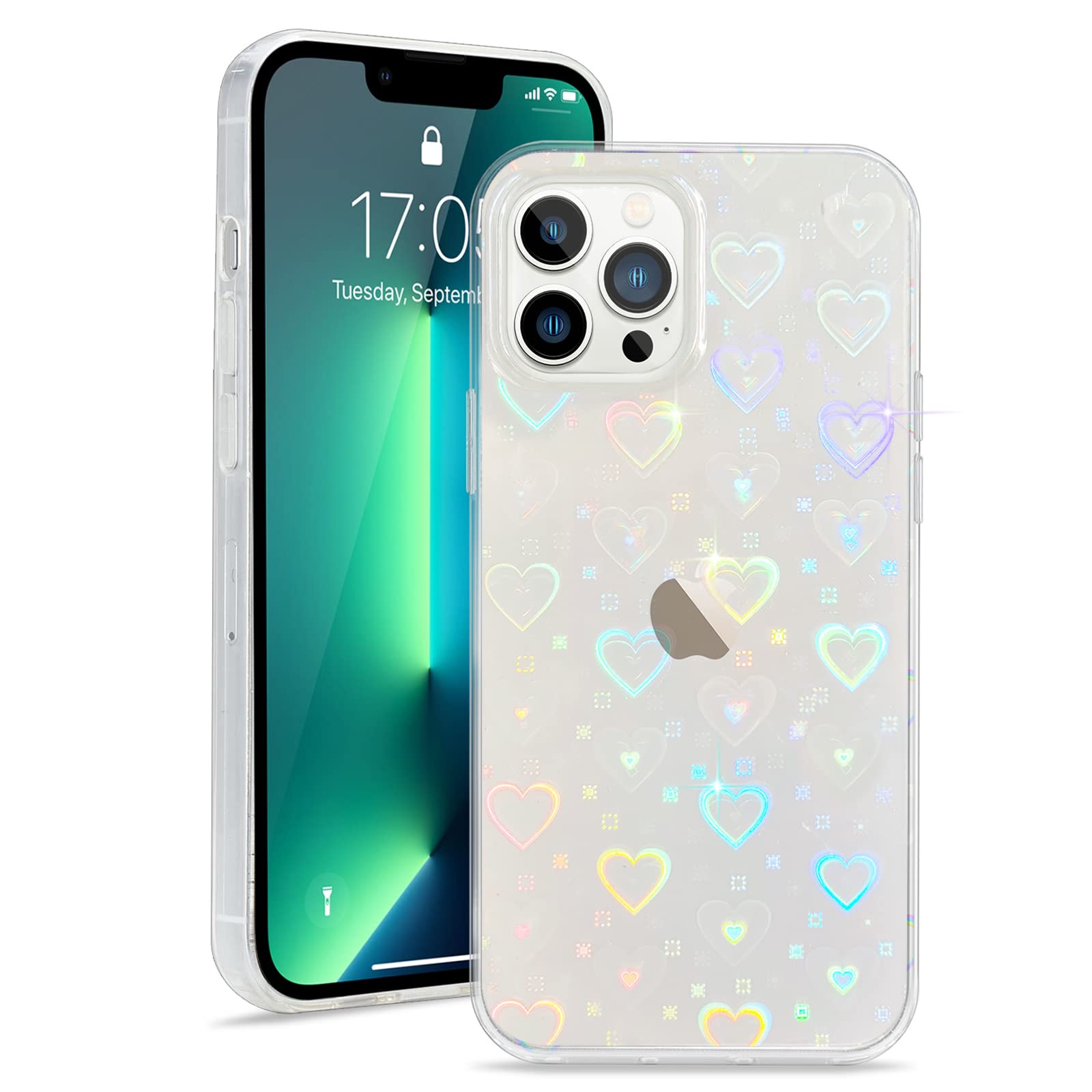 L-FADNUT for iPhone 13 Pro Max Case Crystal Clear Cute Holographic Heart Pattern for Women Girls Transparent Fashion Glitter Silicone Bumper Shockproof Protective Phone Case for iPhone 13 Pro Max
