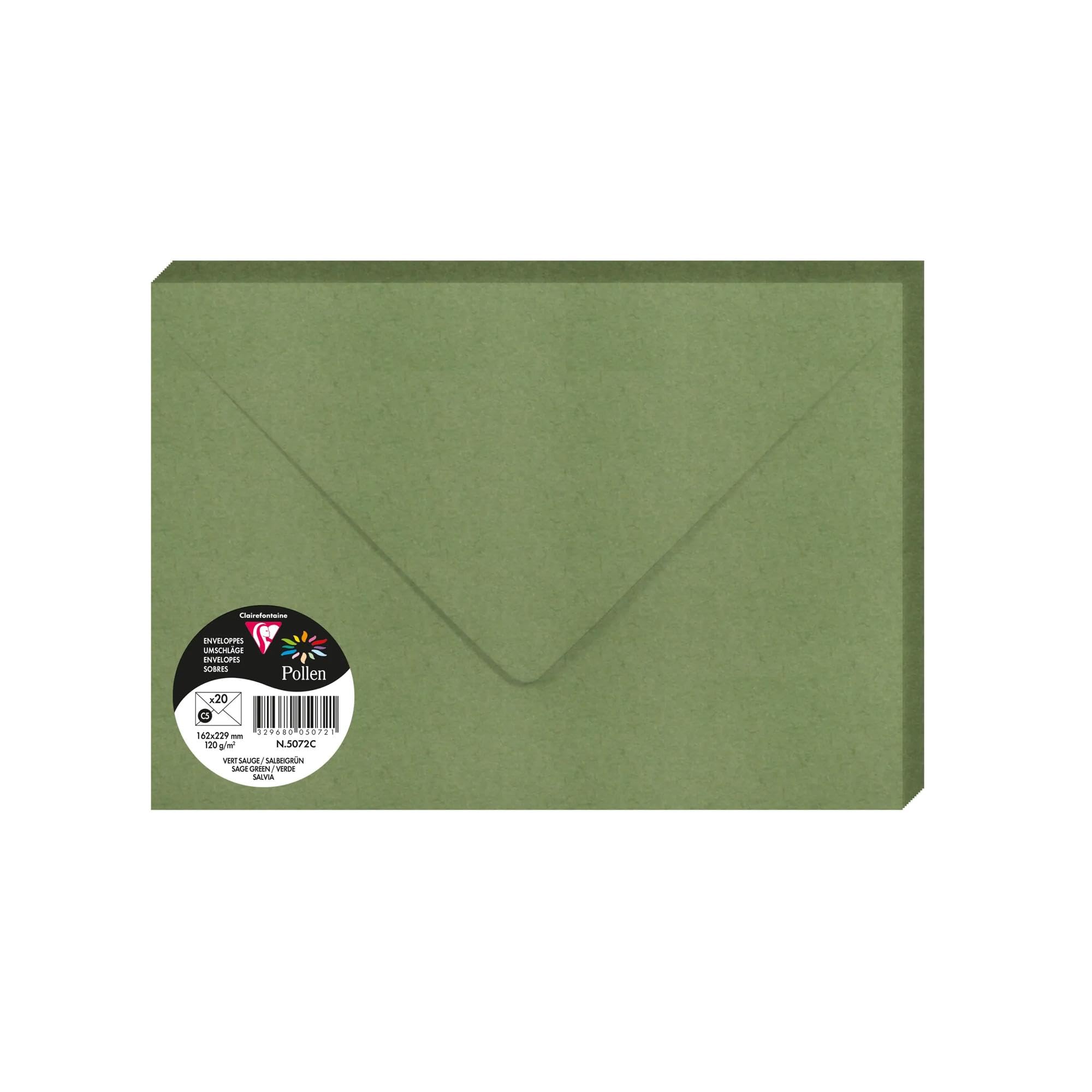 Clairefontaine 5072C - Packung mit 20 Umschlägen Pollen Format C5 16,2x22,9 cm, 120g/m2, ideal für Ihre Einladungen und Korrespondenz, Salbei, 1 Pack