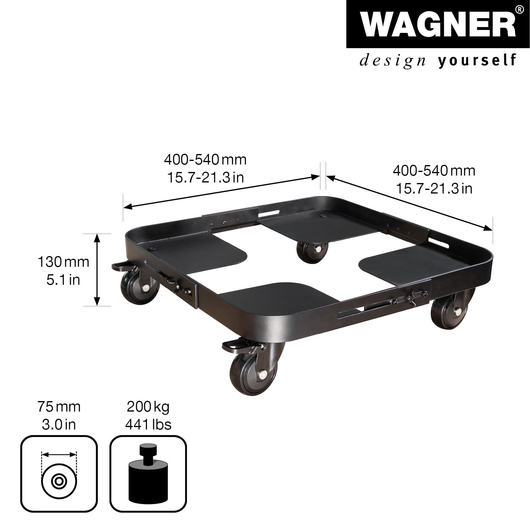 WAGNER Pflanzenroller Sun City Exclusive 40-54 x 13 cm Nutzfläche, stufenlos ausziehbar, Blumenroller für Außenbereich + Innenbereich, Kübelroller Stahl, Tragkraft 200 kg - 20081601