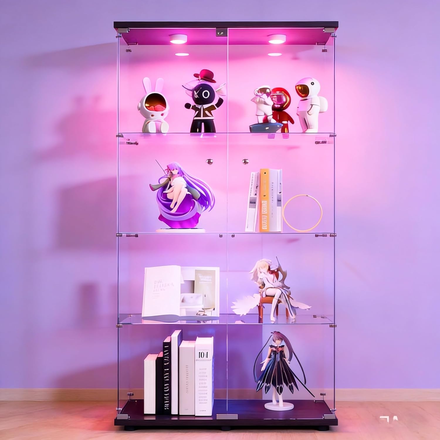 belupai Vetrina in vetro a 4 strati con LED, 80 x 36 x 164 cm, armadio da collezione moderno con 2 ante, armadio in vetro in piedi con serratura, mobile vetrina per soggiorno, ufficio, nero