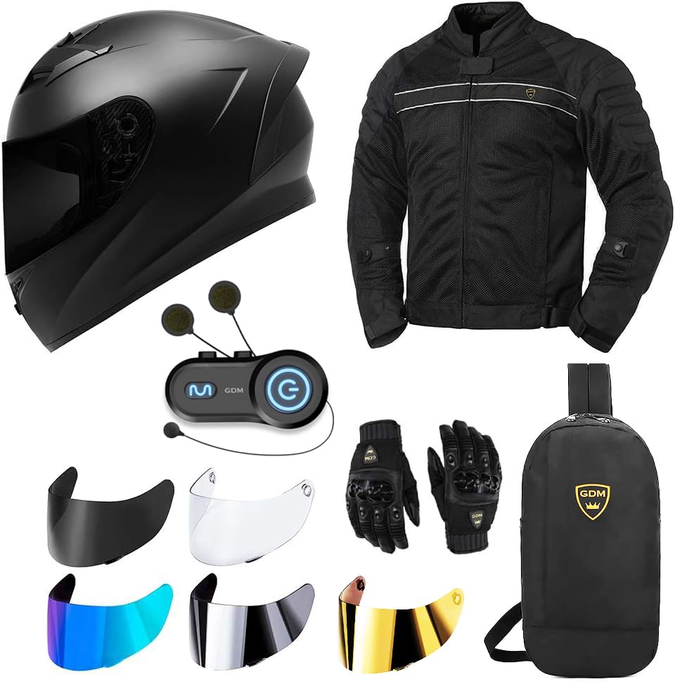GDM Motorcycle Protective Gear Bundle (Premium Connect) - Helmet, Jacket, Gloves, Shields, Backpack, Bluetooth Intercom