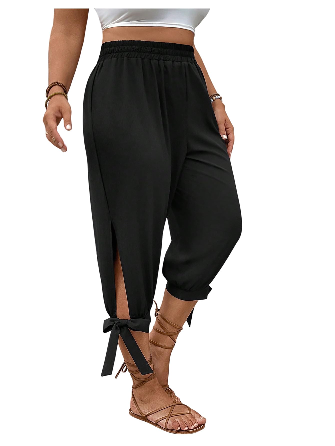 WDIRARA Womens Plus Size Elastic Waist Capris Pants Bow Knot Split Side Pants