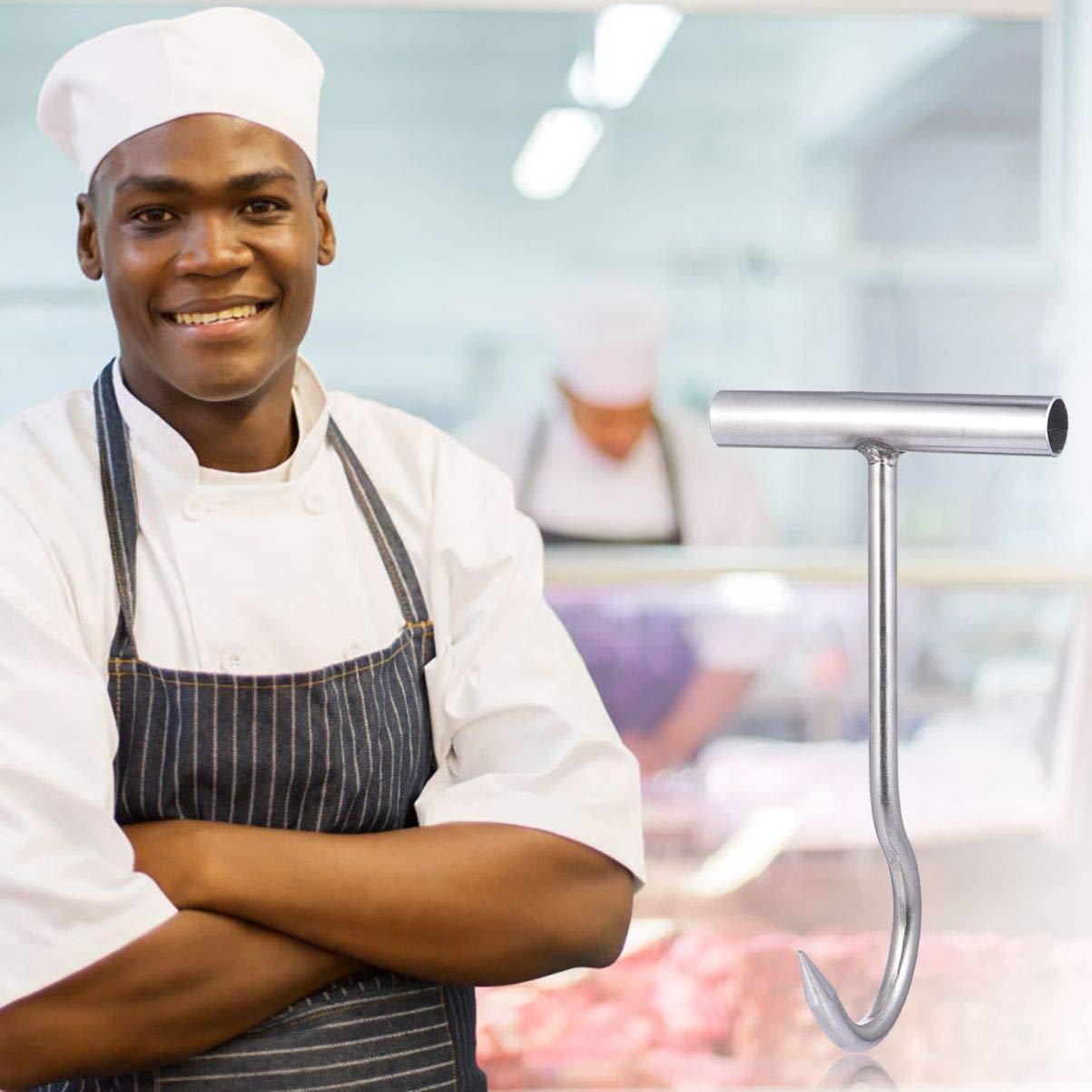 iplusmile Stainless Steel Meat Hook - à viande - de boucher - En acier inoxydable - en T - Avec poignée - réversible pour rôtir - Outil de barbecue - Argenté