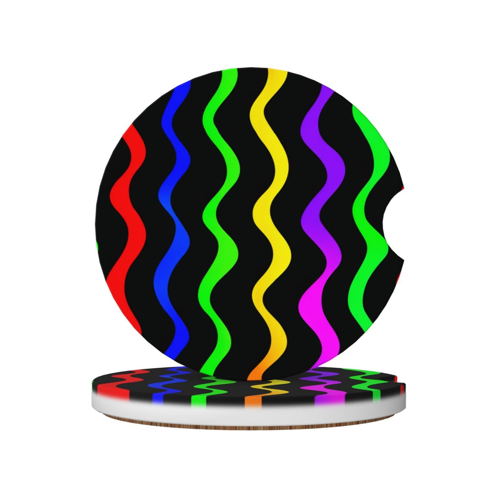 Wavy Rainbow Stripes On Black Ceramic Coasters,2pcs