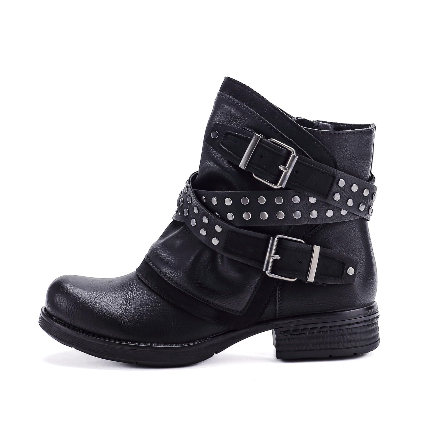 Pogolino Damen Biker Boots Nieten flach Stiefeletten Stiefel