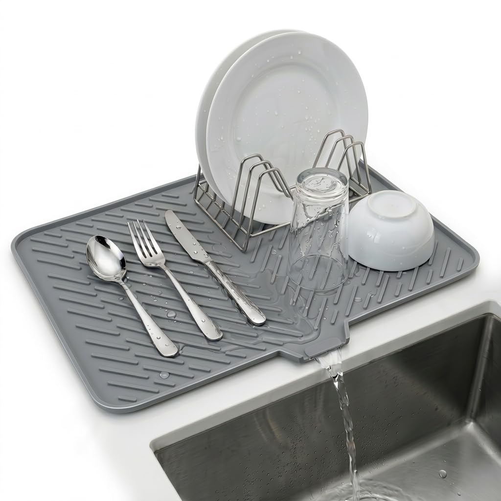 Grande tappetino scolapiatti in silicone per lavello da cucina, 58 x 43 cm, tappetino scolapiatti in silicone con bordo di scarico, tappetino scolapiatti per utensili, piatti, tazze, tappetino