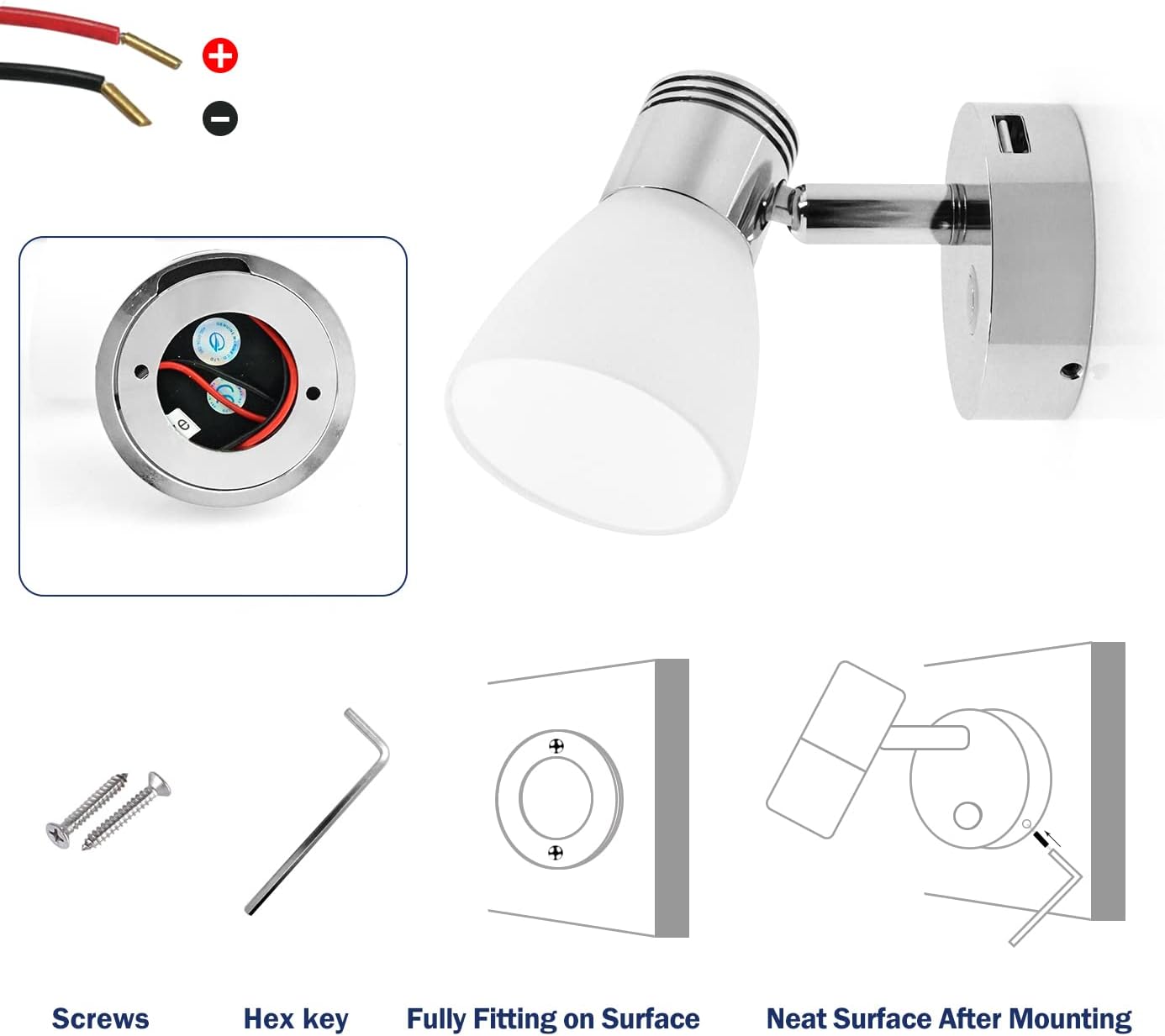 THALASSA 12V Boat Interior Reading Light USB Port, 3W DC RV Warm White, Built-in Dimmer Touch Button for Blue Decor Lights. Surface Mount on Trailer, Van, Truck, Car, Camper, Motorhome, Caravan