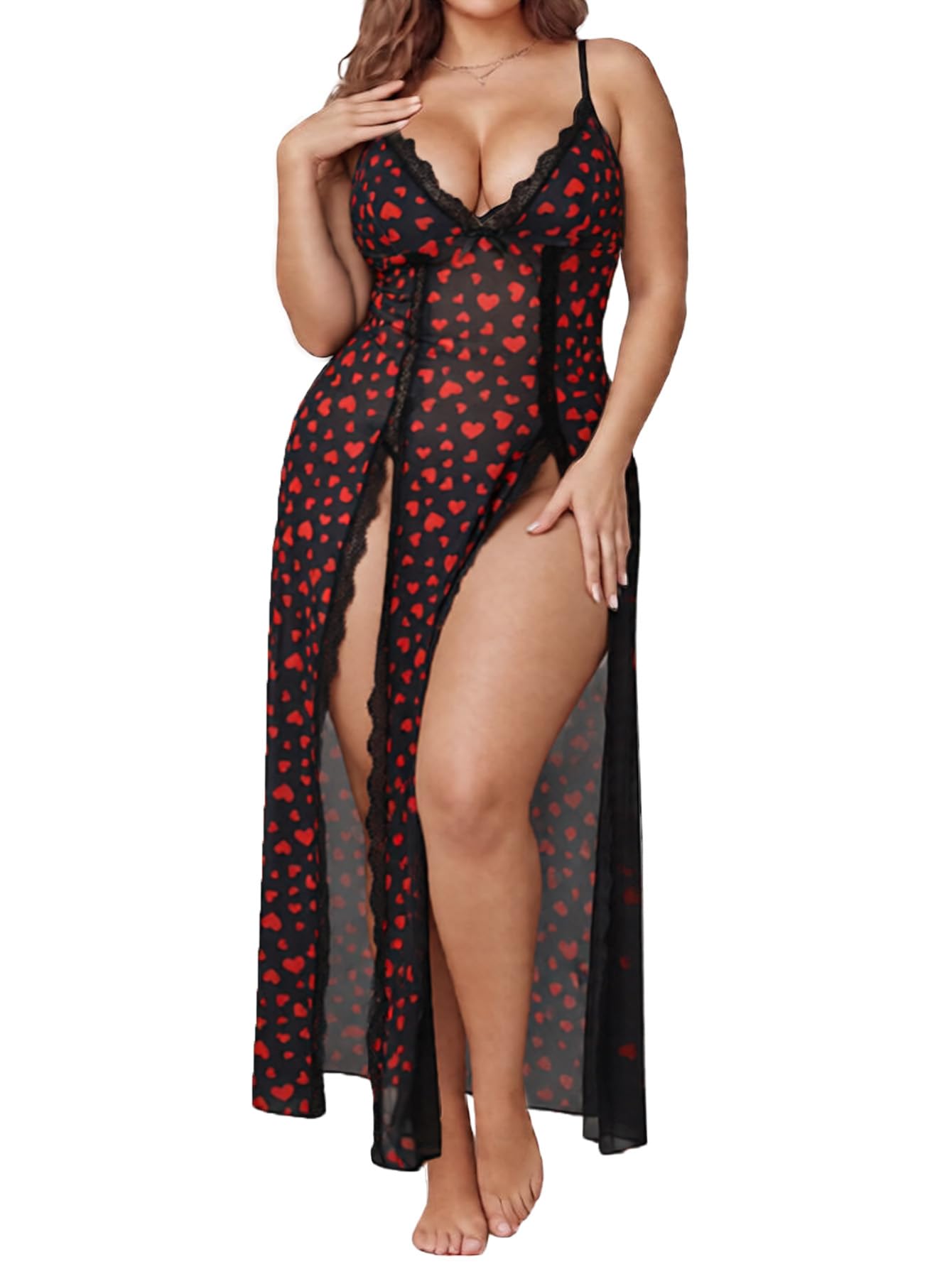 Alrovetoney Women's Plus Size Lingerie Mesh Nightgown Strappy Side Slits