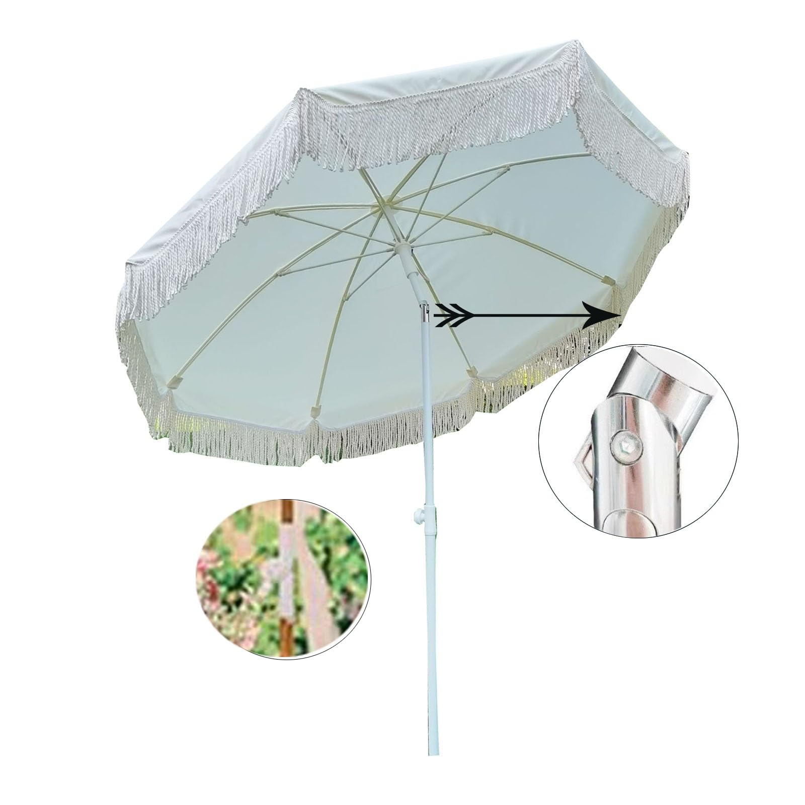 Zewnętrzny Parasol Przeciwsłoneczny W Kolorze Złamanej Bieli Z Frędzlami, Z Regulowanym Kątem, Odpowiedni Do Ogrodu, Na Taras, Na Kemping, Wiatroszczelny I Wytrzymały.