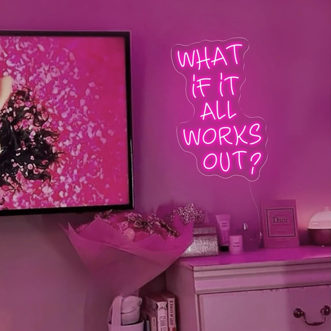 What If It All Works Out Wall Art Neon Sign, Positive Led Neon Sign, Apartment Aesthetic Wall Sign, Office Fashion Decor, Bedroom Light