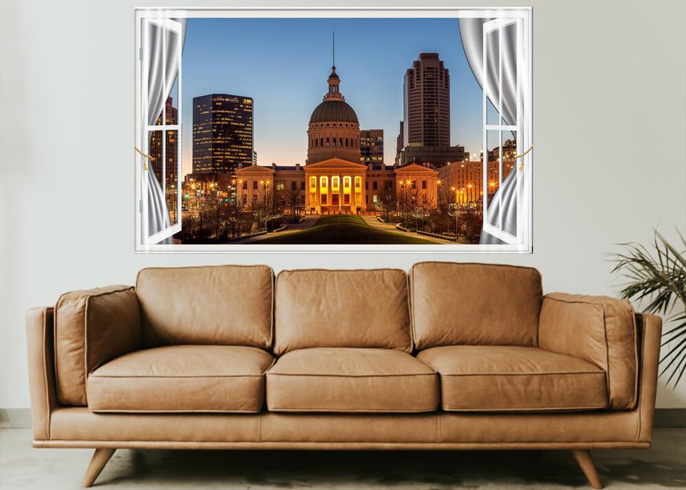 JZZE11947 USA Houses Evening Saint Louis Street Lights| Self-Adhesive Open Window Wall Sticker
