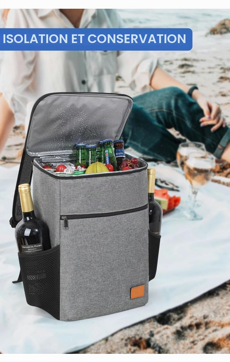 Sac à dos thermique pliable, grande capacité, 36 canettes, imperméable, portable, adapté pour les voyages, la plage, le pique-nique et la pêche (noir)