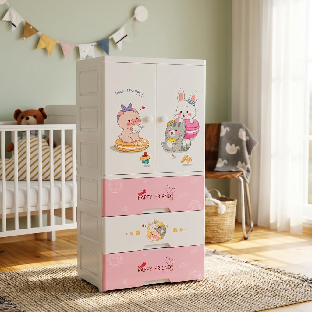 Mevigo Door Plastic Wardrobe for Kids| Almirah and Wardrobe for Baby Clothes| Modular Storage Cabinet with Wheel Organizer for Cupboard Rack for Clothes/Shoes/Books/Toy -Sweet heart-SJ6514